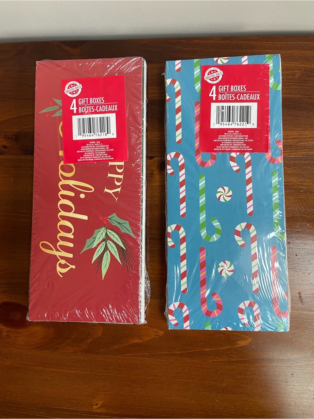 New Two 4-Pack Holiday Gift Boxes — Red and Blue Candy Cane Designs